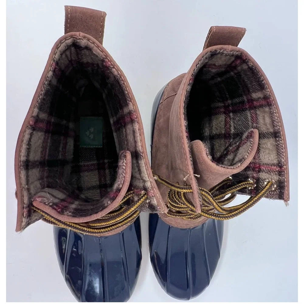 Green Forest Women's Rain Boots‎ Navy Brown Flannel Lining Size 7
